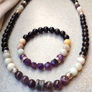 Amethyst, rainbow obsidian and amazonite necklace and bracelet set.